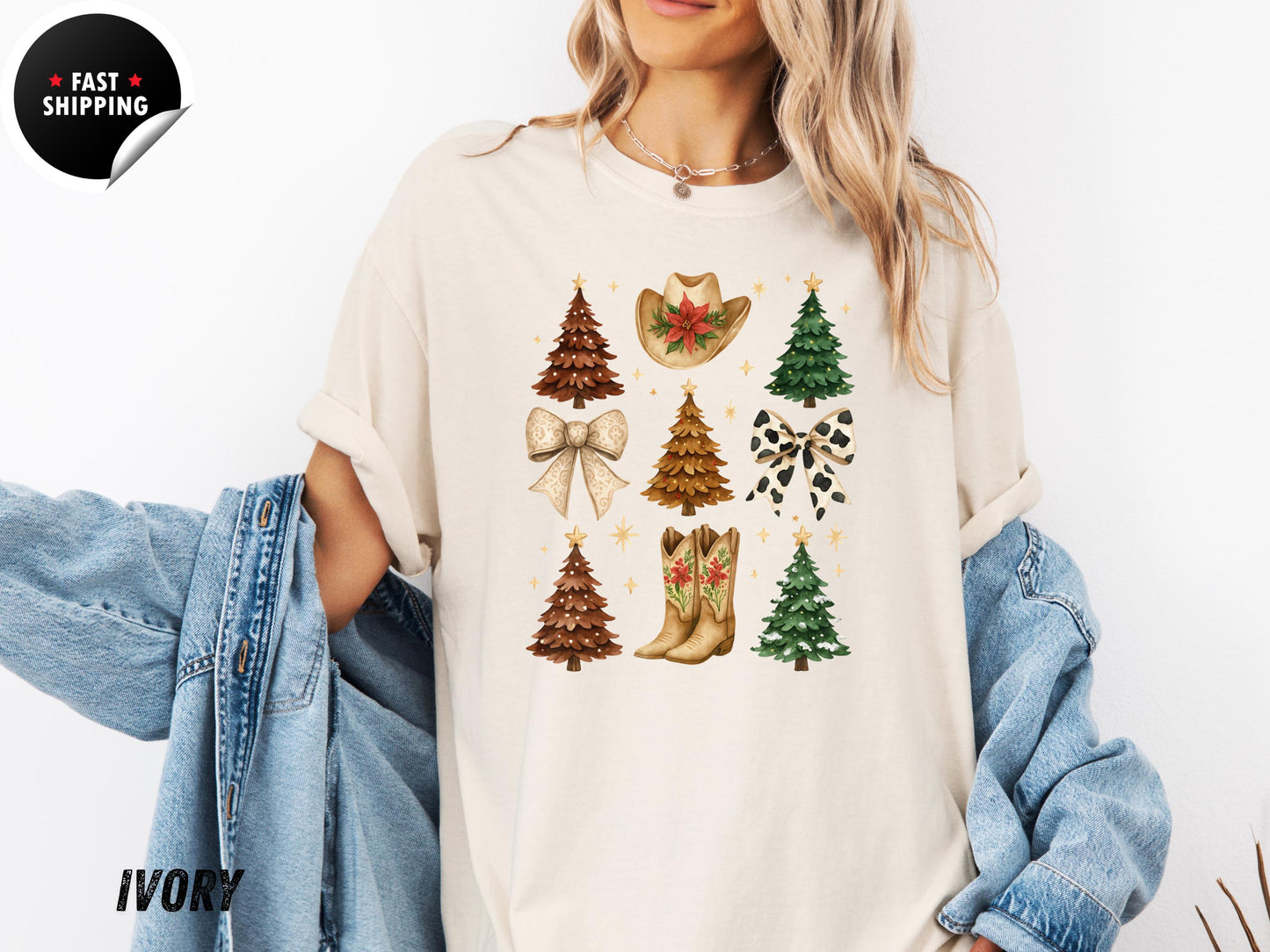 Western Christmas T-Shirt: Cowgirl Holiday Tee, Boots, Hat & Trees