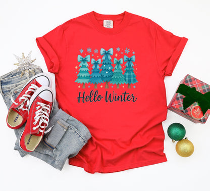 Hello Winter Christmas Tree T-Shirt: Snowflakes Graphic Tee
