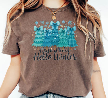 Hello Winter Christmas Tree T-Shirt: Snowflakes Graphic Tee