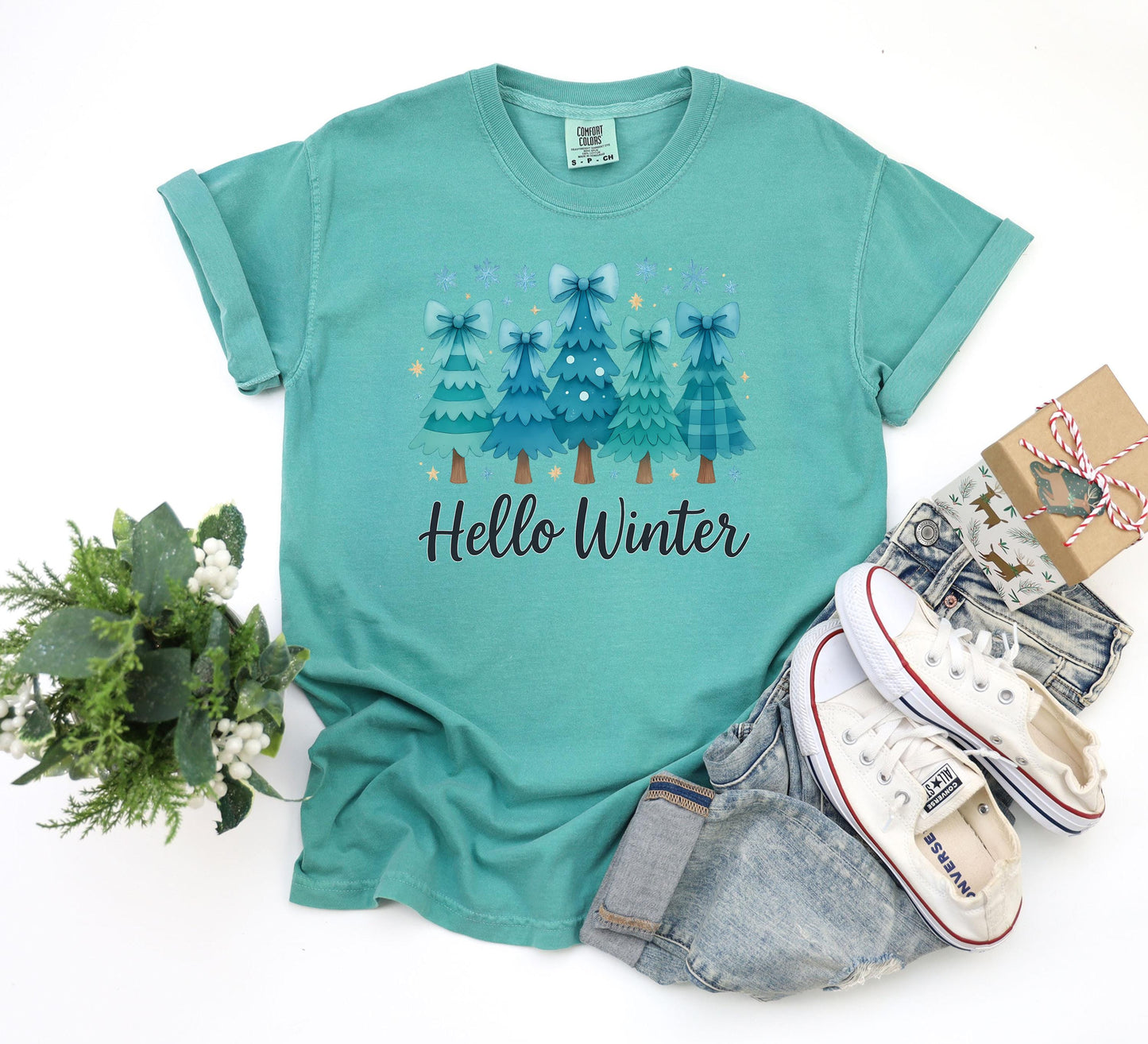 Hello Winter Christmas Tree T-Shirt: Snowflakes Graphic Tee