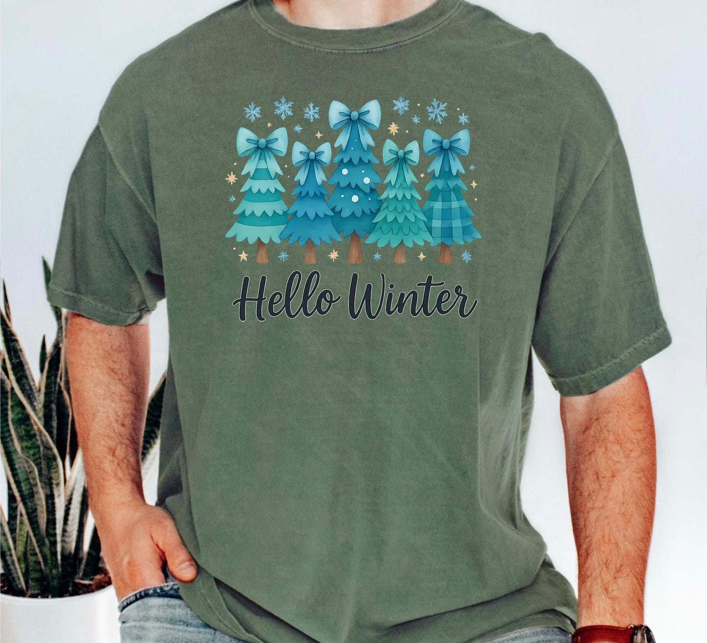 Hello Winter Christmas Tree T-Shirt: Snowflakes Graphic Tee