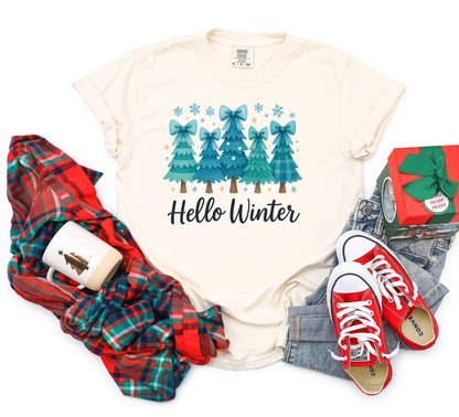 Hello Winter Christmas Tree T-Shirt: Snowflakes Graphic Tee