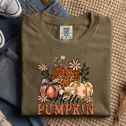 Hello Pumpkin Shirt: Retro Leopard Print Fall Graphic Tee