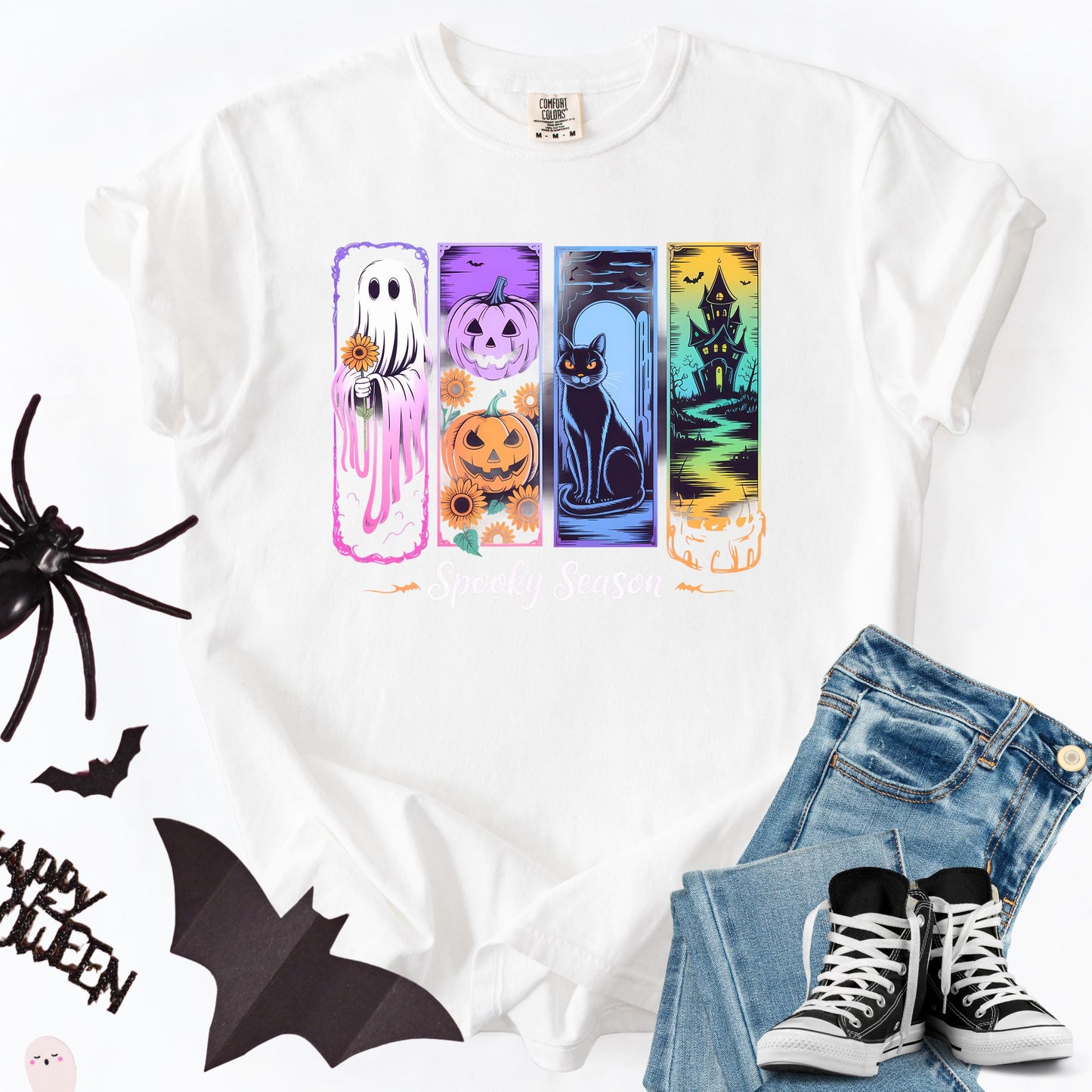 Spooky Season Graphic Tee: Ghost, Pumpkin, Cat, Haunted House Design