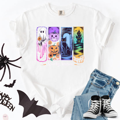 Spooky Season Graphic Tee: Ghost, Pumpkin, Cat, Haunted House Design