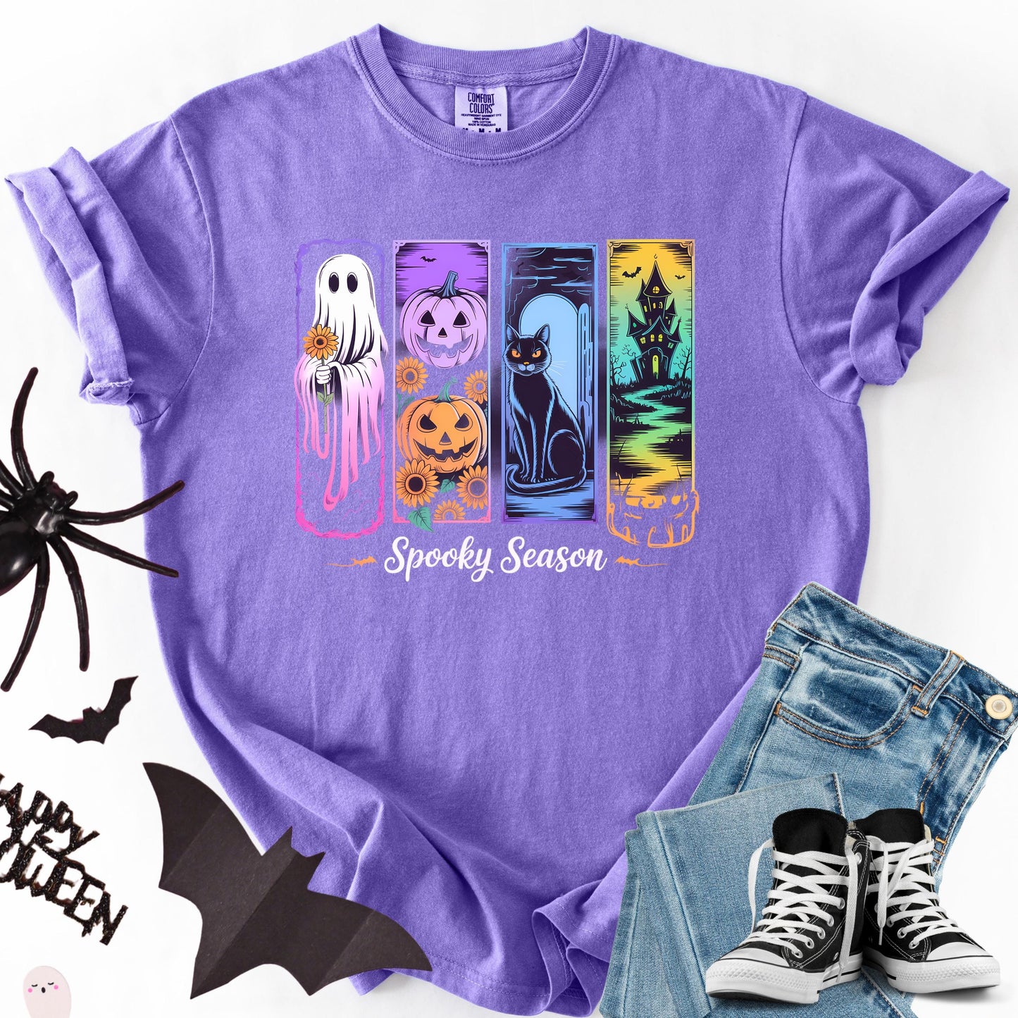 Spooky Season Graphic Tee: Ghost, Pumpkin, Cat, Haunted House Design