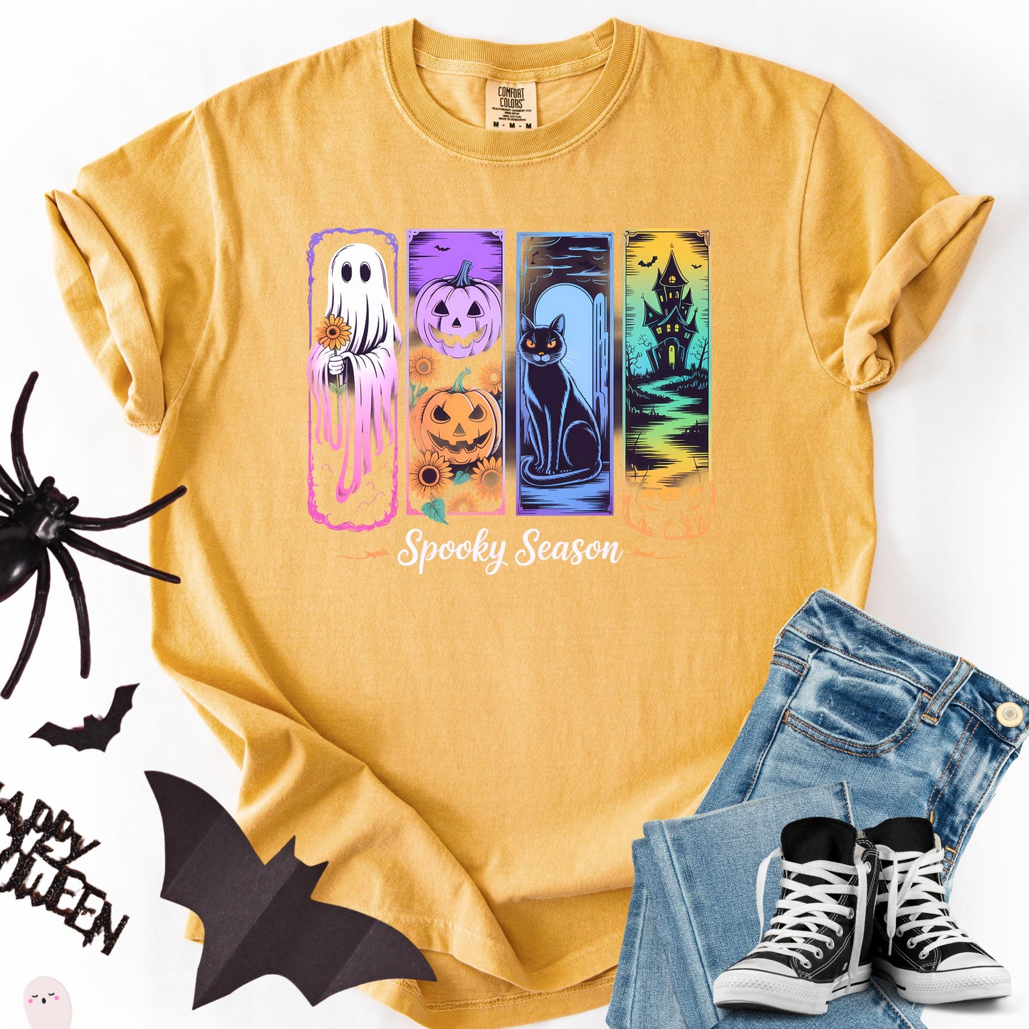 Spooky Season Graphic Tee: Ghost, Pumpkin, Cat, Haunted House Design