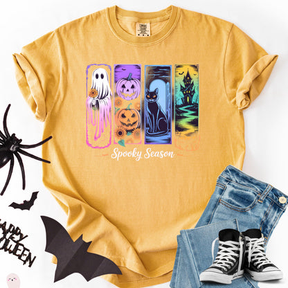Spooky Season Graphic Tee: Ghost, Pumpkin, Cat, Haunted House Design