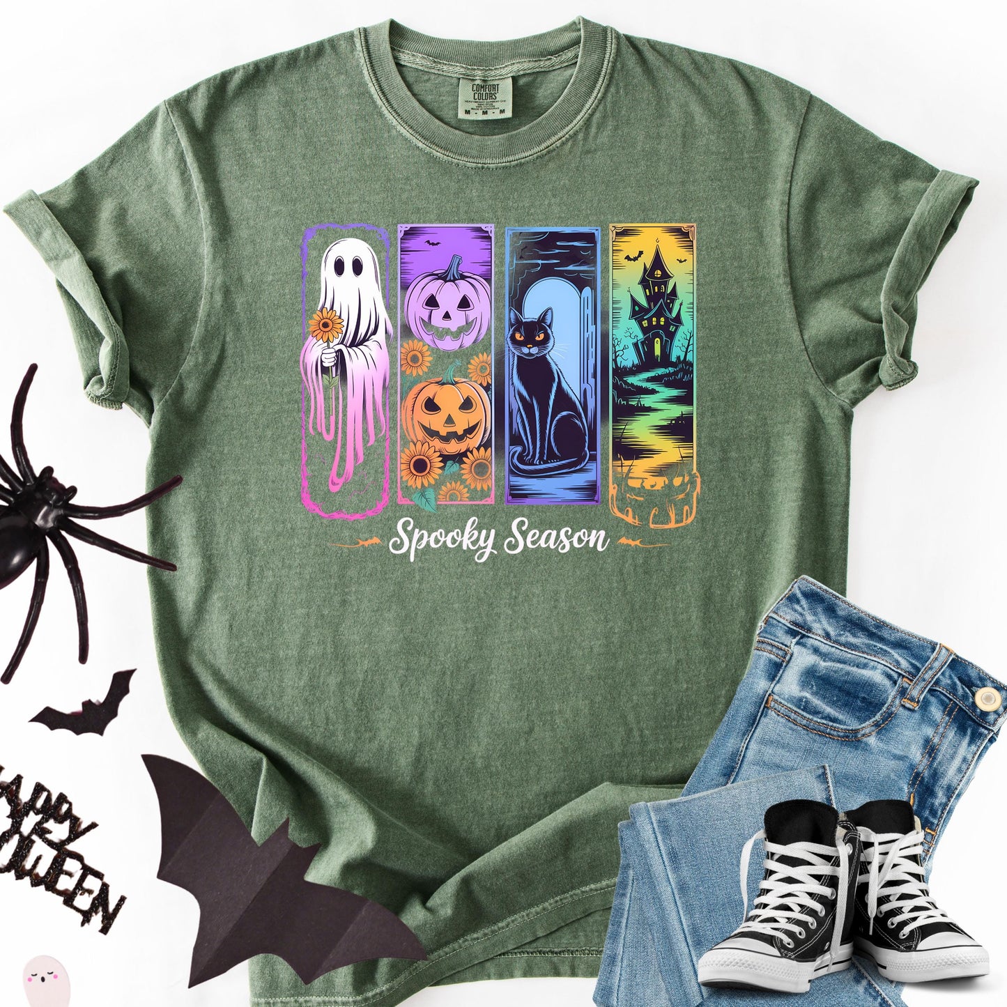 Spooky Season Graphic Tee: Ghost, Pumpkin, Cat, Haunted House Design