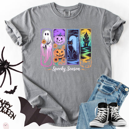 Spooky Season Graphic Tee: Ghost, Pumpkin, Cat, Haunted House Design