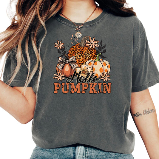 Hello Pumpkin Shirt: Retro Leopard Print Fall Graphic Tee