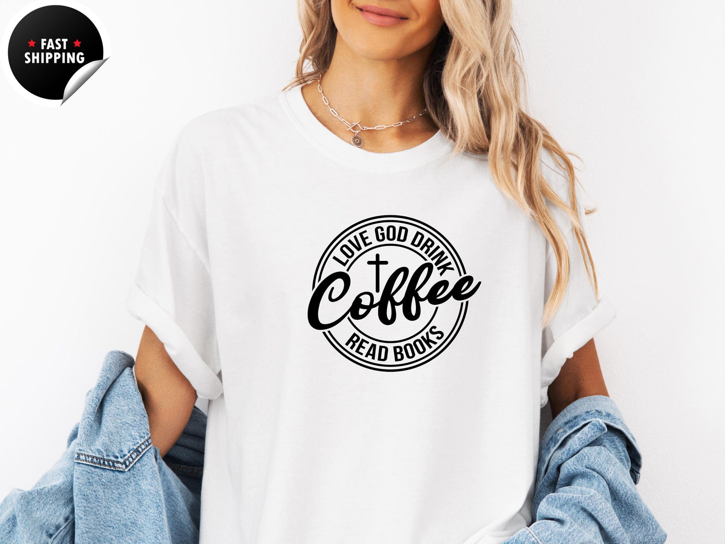 Love God Drink Coffee Read Books Shirt, Christian Book Lover Gift Tee for Coffee Drinkers and Readers, Reading Month Shirt