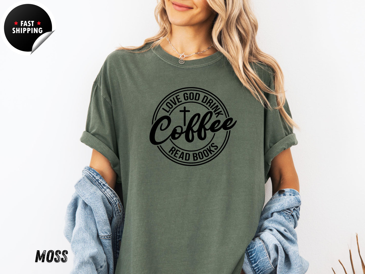 Love God Drink Coffee Read Books Shirt, Christian Book Lover Gift Tee for Coffee Drinkers and Readers, Reading Month Shirt