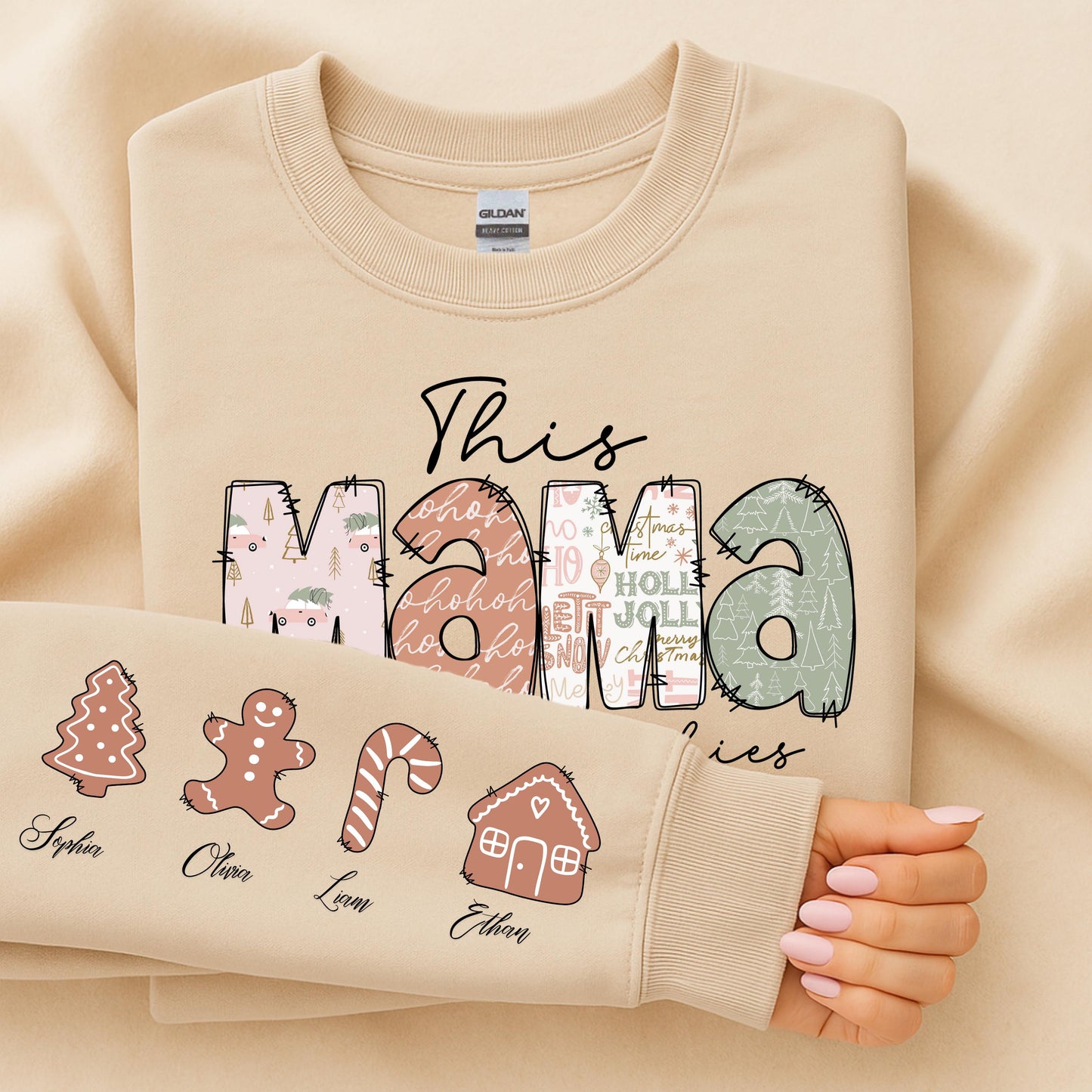 This Mama Christmas Sweatshirt – Personalized Gingerbread Cookie Mom Shirt, Custom Kids Names Holiday Top