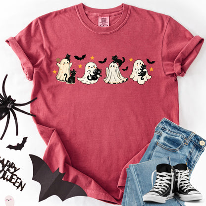 Comfort Colors Halloween Shirt, Halloween Ghost Cat Shirt, Black Cat Spooky Shirt, Ghost Shirt, Cute Ghost Boo Fall Pumpkin Costume Tshirt