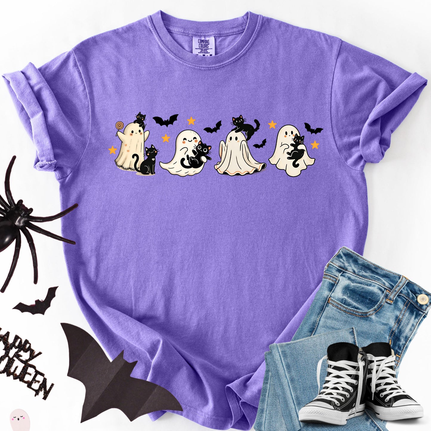 Comfort Colors Halloween Shirt, Halloween Ghost Cat Shirt, Black Cat Spooky Shirt, Ghost Shirt, Cute Ghost Boo Fall Pumpkin Costume Tshirt