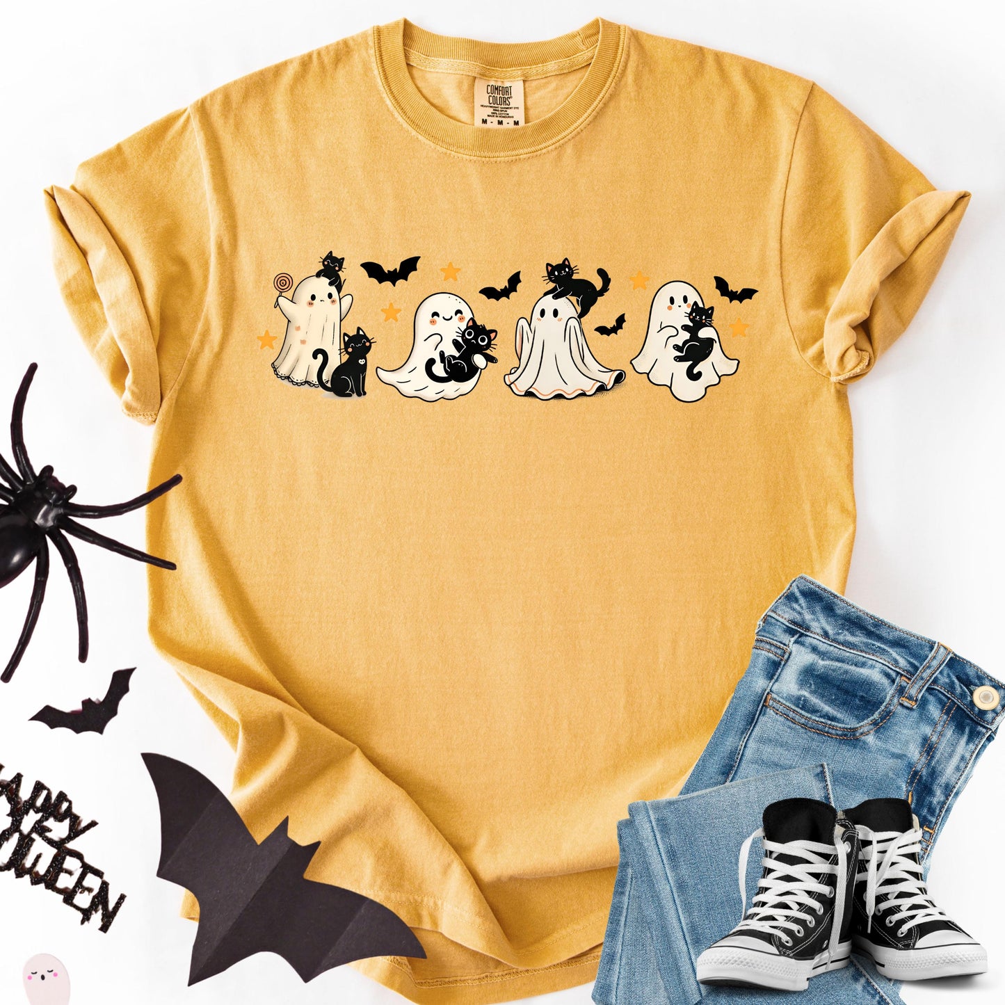Comfort Colors Halloween Shirt, Halloween Ghost Cat Shirt, Black Cat Spooky Shirt, Ghost Shirt, Cute Ghost Boo Fall Pumpkin Costume Tshirt