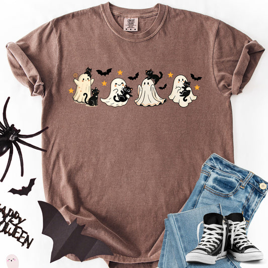 Comfort Colors Halloween Shirt, Halloween Ghost Cat Shirt, Black Cat Spooky Shirt, Ghost Shirt, Cute Ghost Boo Fall Pumpkin Costume Tshirt