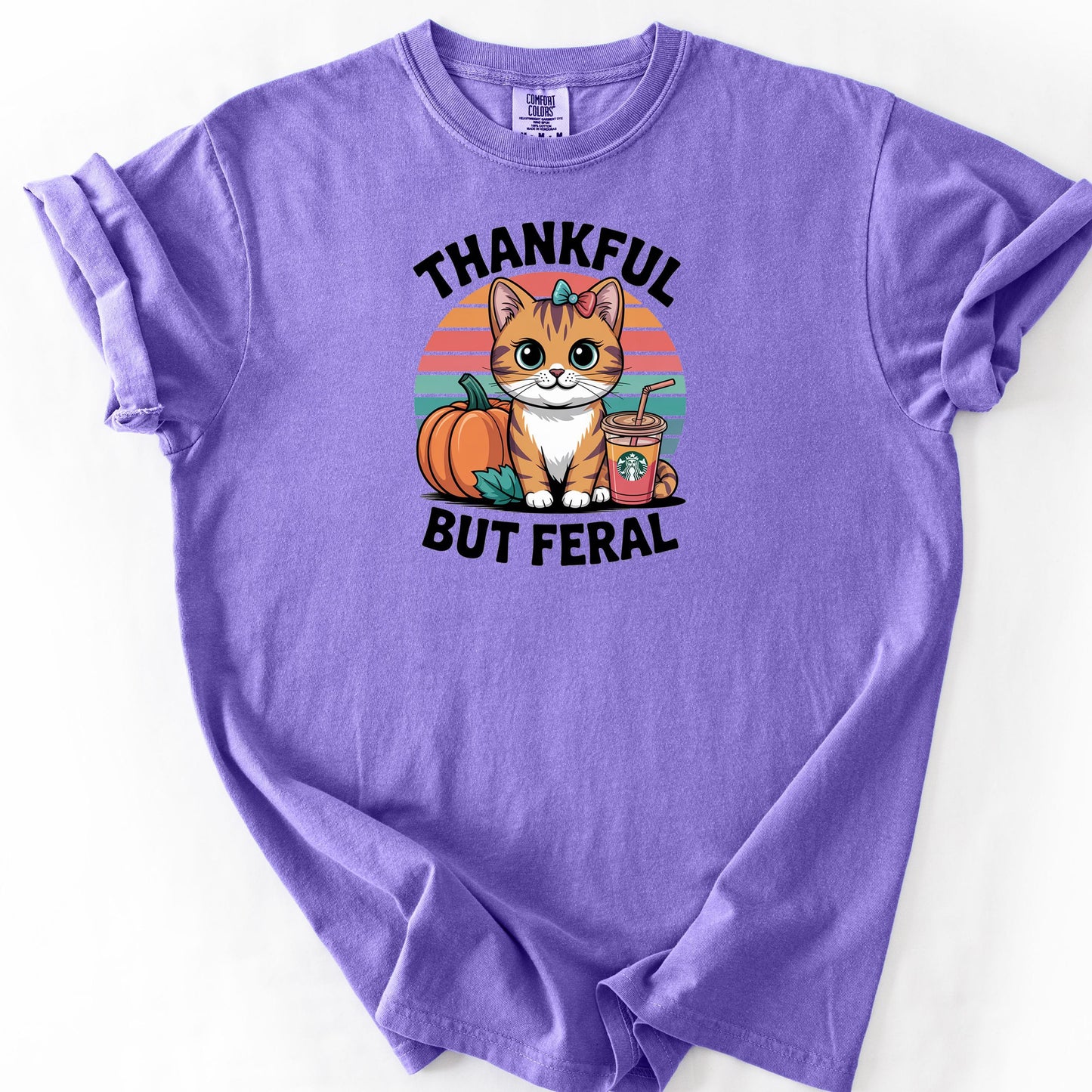 Thankful But Feral Cat Shirt – Funny Fall Pumpkin Tee, Comfort Colors® Thanksgiving Graphic T-Shirt