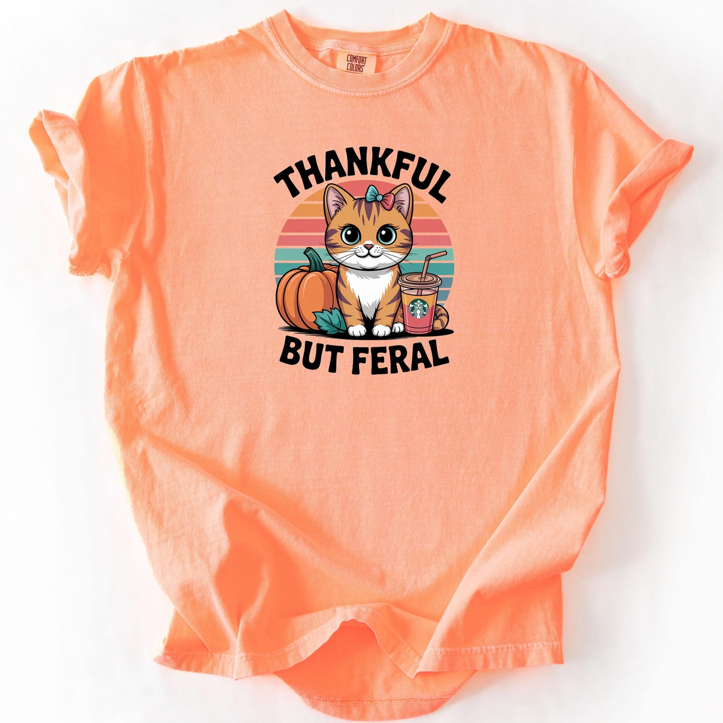 Thankful But Feral Cat Shirt – Funny Fall Pumpkin Tee, Comfort Colors® Thanksgiving Graphic T-Shirt