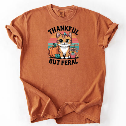 Thankful But Feral Cat Shirt – Funny Fall Pumpkin Tee, Comfort Colors® Thanksgiving Graphic T-Shirt