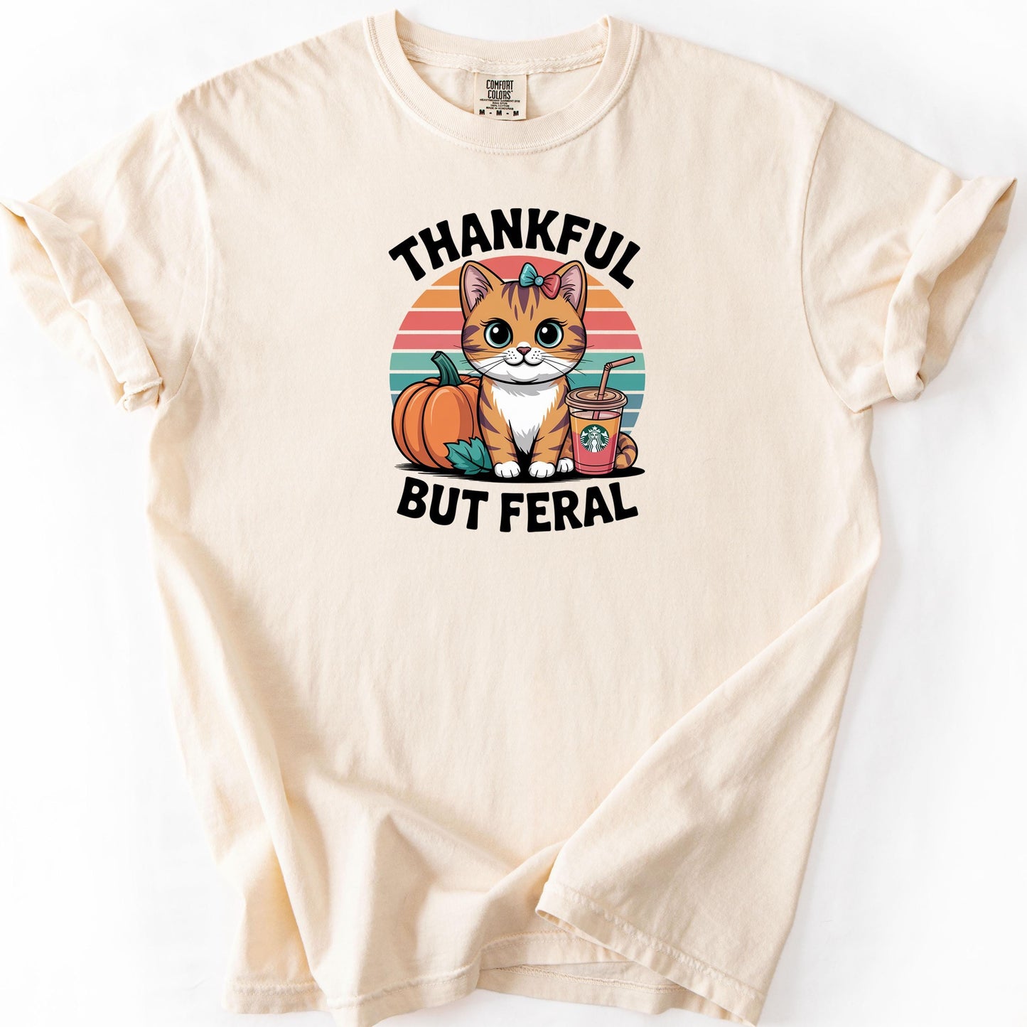 Thankful But Feral Cat Shirt – Funny Fall Pumpkin Tee, Comfort Colors® Thanksgiving Graphic T-Shirt