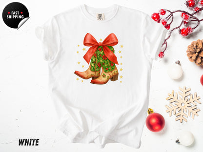 Christmas Coquette Cowboy Boots T-Shirt: Western Holiday Shirt