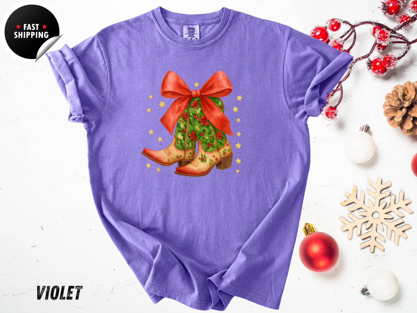 Christmas Coquette Cowboy Boots T-Shirt: Western Holiday Shirt