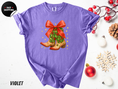 Christmas Coquette Cowboy Boots T-Shirt: Western Holiday Shirt