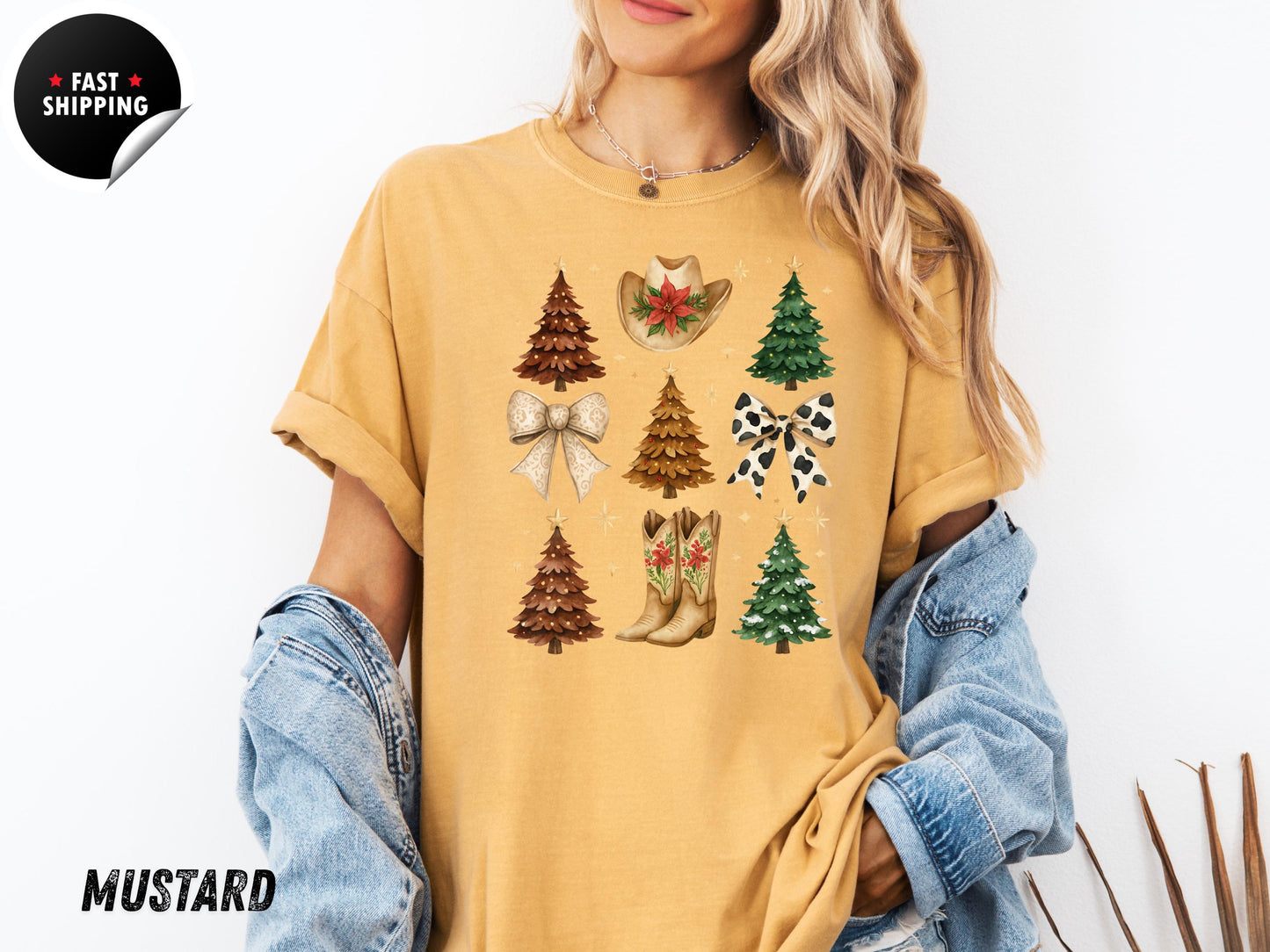 Western Christmas T-Shirt: Cowgirl Holiday Tee, Boots, Hat & Trees