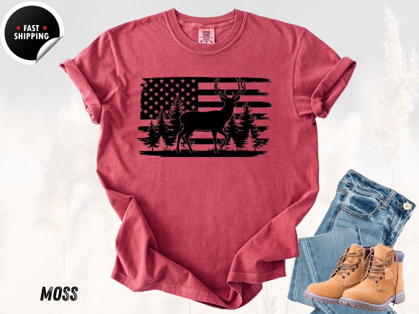Patriotic Deer USA Flag T-Shirt: Vintage Hunting Graphic Tee