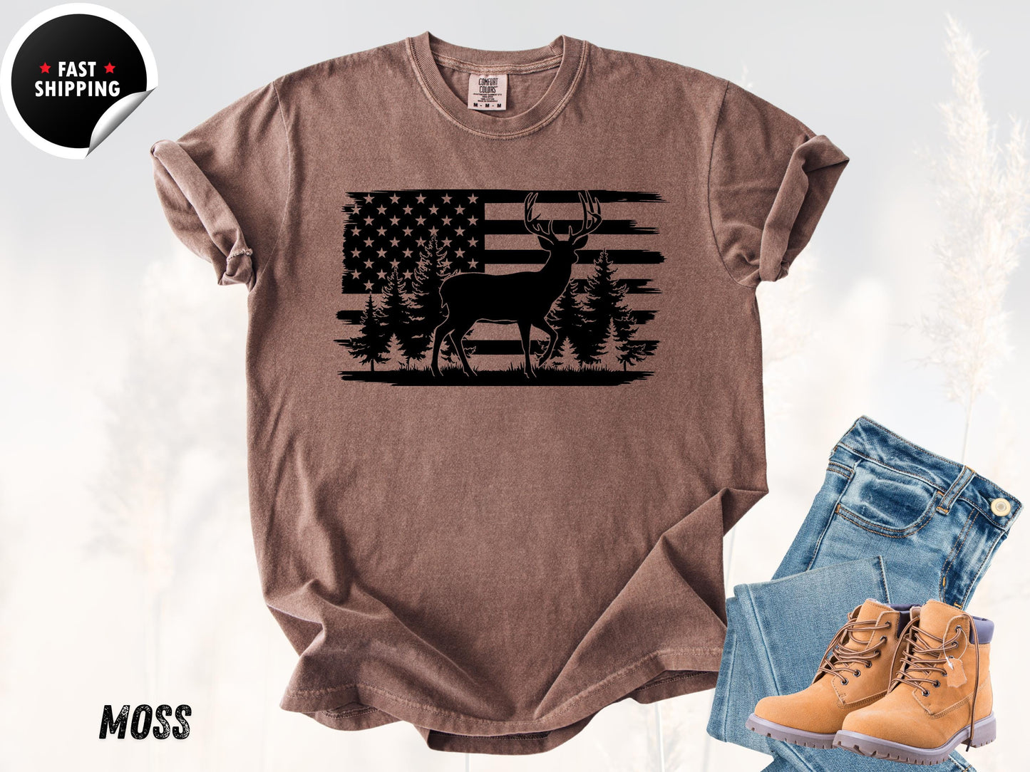 Patriotic Deer USA Flag T-Shirt: Vintage Hunting Graphic Tee