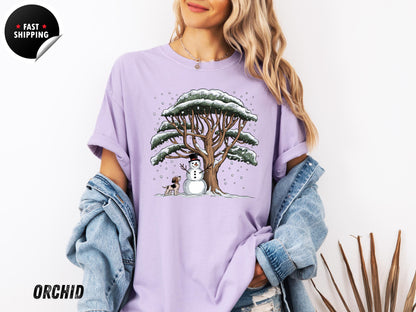 Comfort Colors® Snowman And Dog Shirt, Christmas Crewneck, Winter Holiday Shirt, Xmas Snowman Shirt, Xmas Tree Shirt, Cute Snowman Shirt