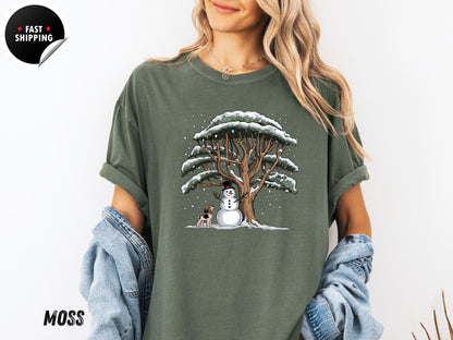 Comfort Colors® Snowman And Dog Shirt, Christmas Crewneck, Winter Holiday Shirt, Xmas Snowman Shirt, Xmas Tree Shirt, Cute Snowman Shirt