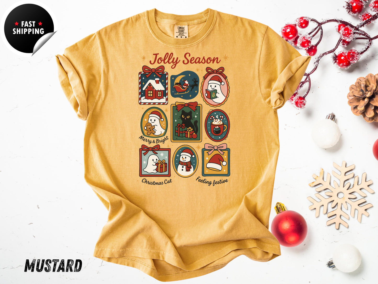 Retro Christmas T-Shirt: Jolly Season, Xmas Cat, Holiday Graphic Tee