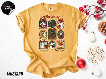 Retro Christmas T-Shirt: Jolly Season, Xmas Cat, Holiday Graphic Tee