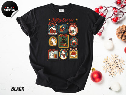 Retro Christmas T-Shirt: Jolly Season, Xmas Cat, Holiday Graphic Tee