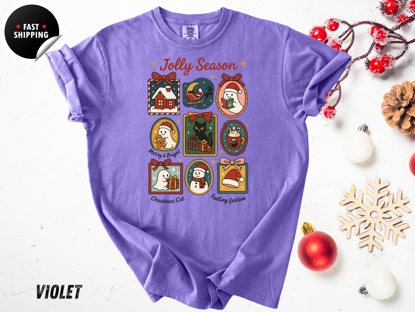 Retro Christmas T-Shirt: Jolly Season, Xmas Cat, Holiday Graphic Tee