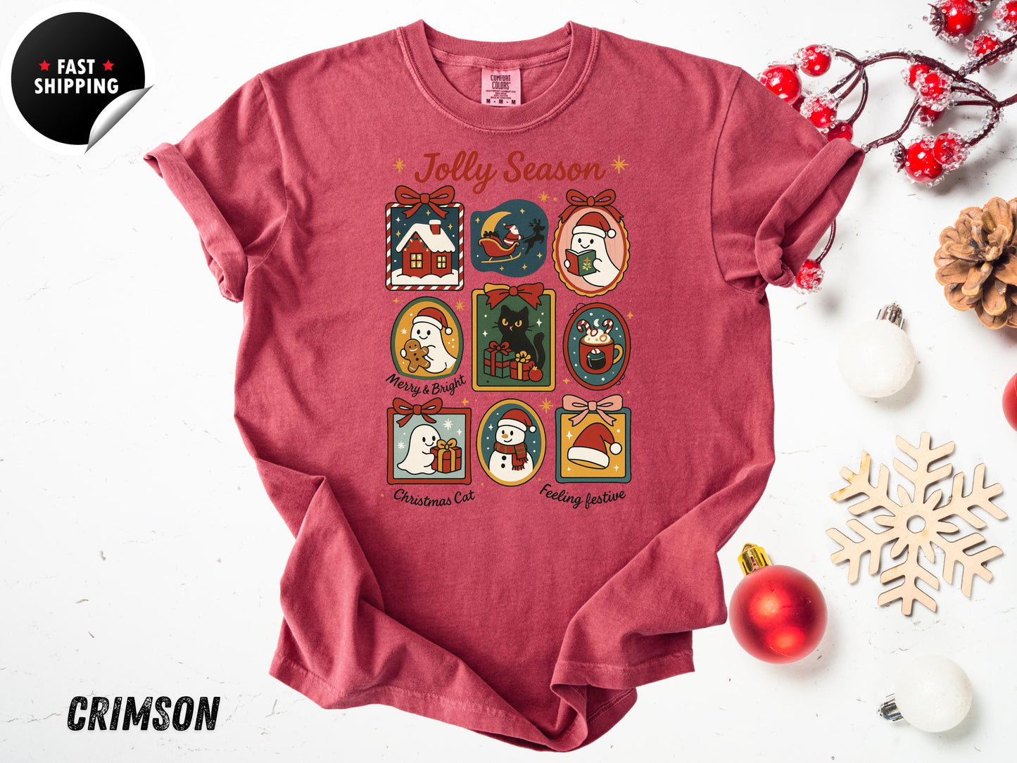 Retro Christmas T-Shirt: Jolly Season, Xmas Cat, Holiday Graphic Tee