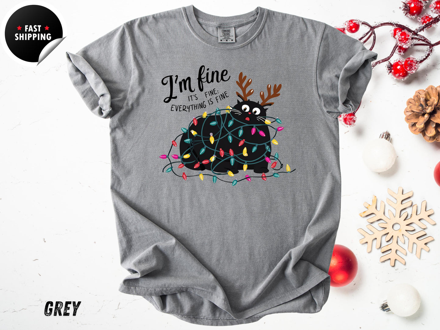 Funny Christmas Cat T-Shirt: Tangled Lights, Holiday Graphic Tee