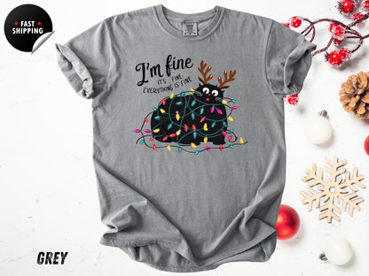 Funny Christmas Cat T-Shirt: Tangled Lights, Holiday Graphic Tee
