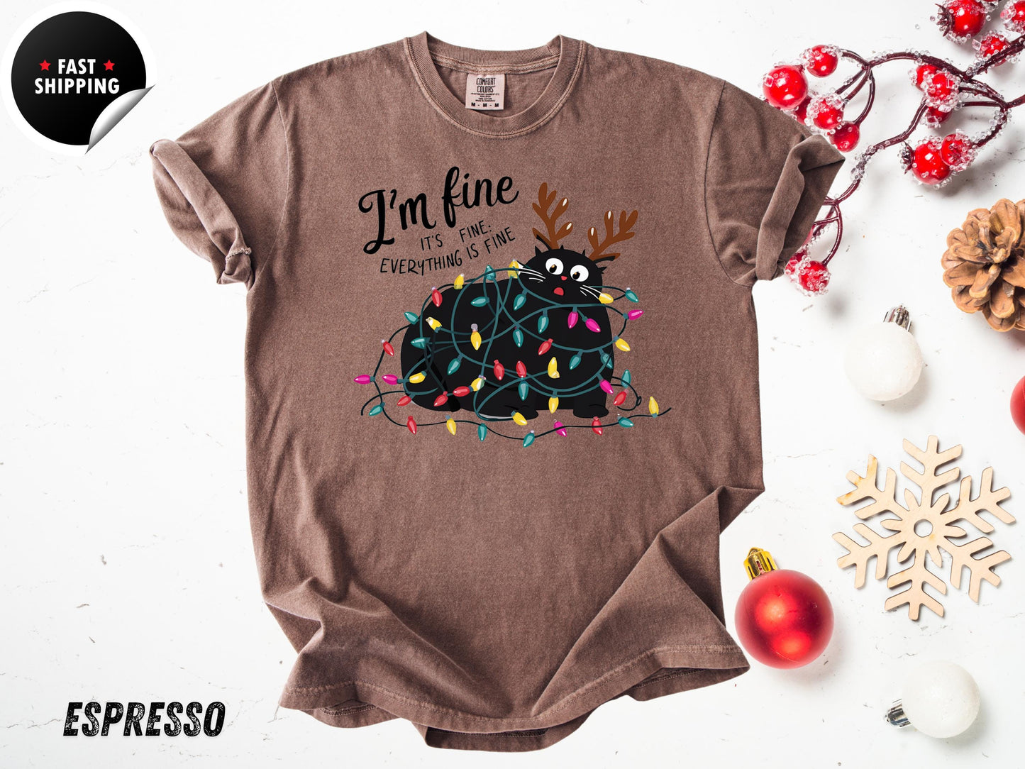 Funny Christmas Cat T-Shirt: Tangled Lights, Holiday Graphic Tee