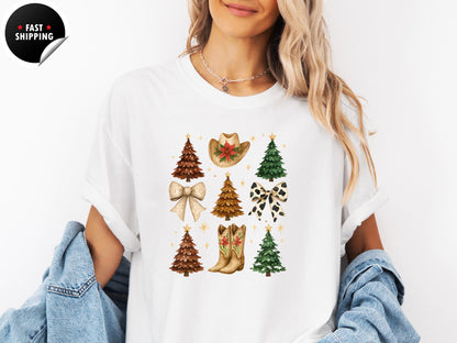 Western Christmas T-Shirt: Cowgirl Holiday Tee, Boots, Hat & Trees