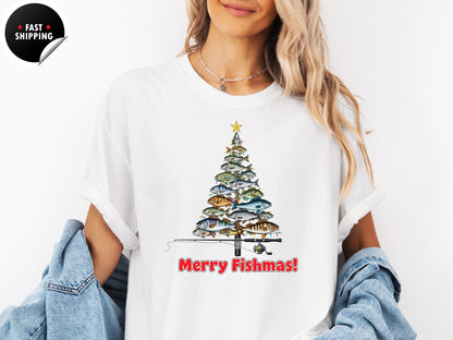 Merry Fishmas Shirt, Funny Fishing Christmas T-Shirt, Fisherman Holiday Tee, Xmas Gift for Men Women Who Love Fishing