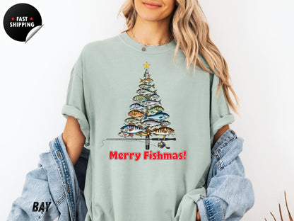 Merry Fishmas Shirt, Funny Fishing Christmas T-Shirt, Fisherman Holiday Tee, Xmas Gift for Men Women Who Love Fishing