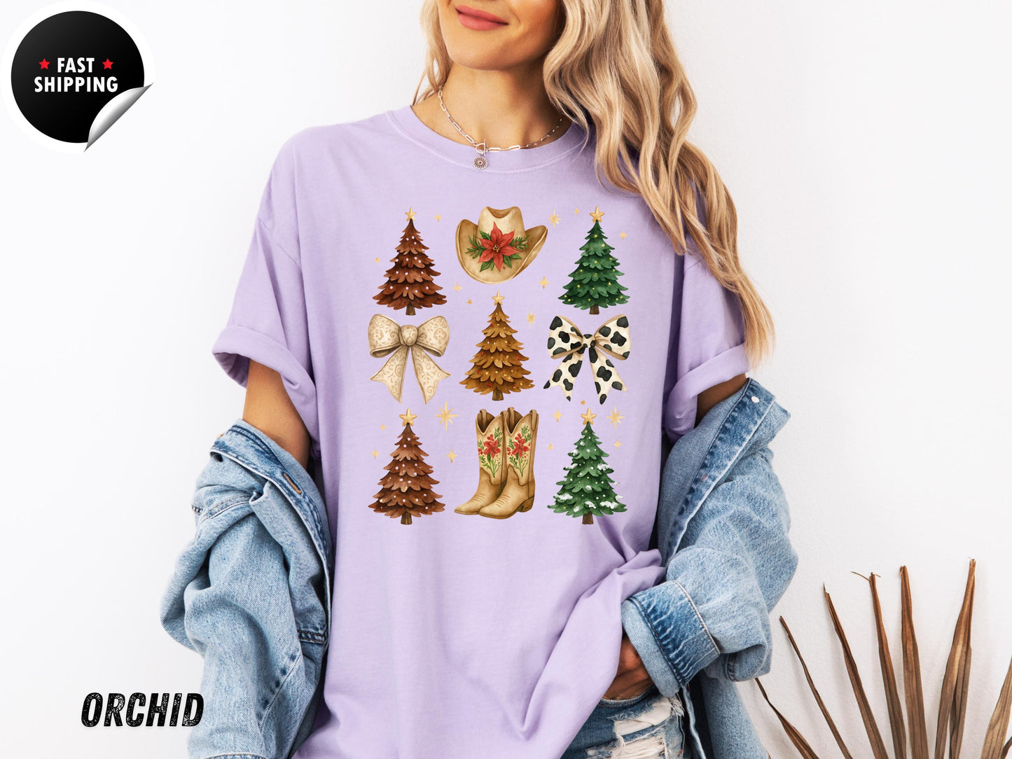Western Christmas T-Shirt: Cowgirl Holiday Tee, Boots, Hat & Trees