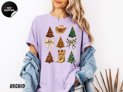 Western Christmas T-Shirt: Cowgirl Holiday Tee, Boots, Hat & Trees