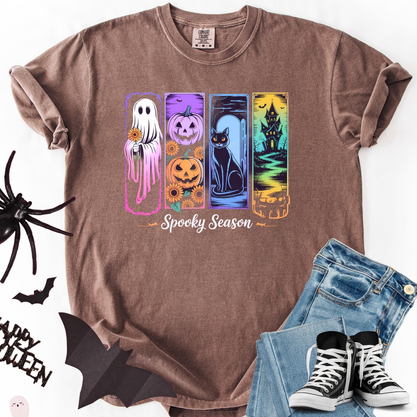 Spooky Season Graphic Tee: Ghost, Pumpkin, Cat, Haunted House Design