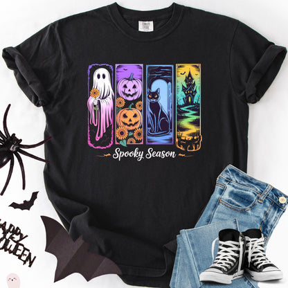 Spooky Season Graphic Tee: Ghost, Pumpkin, Cat, Haunted House Design