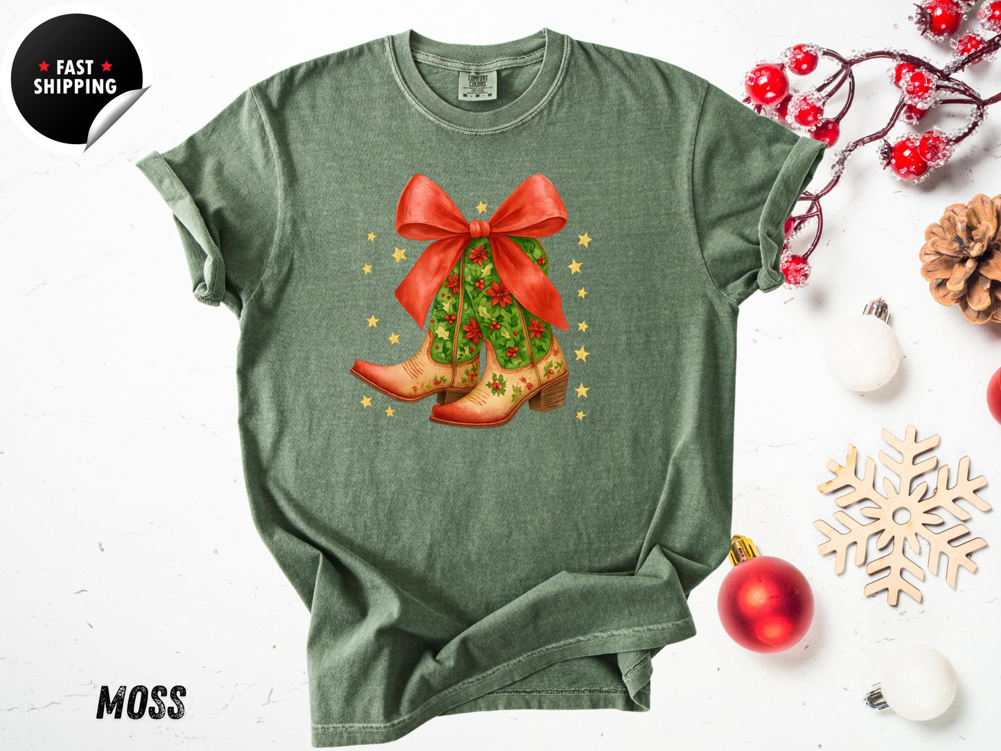 Christmas Coquette Cowboy Boots T-Shirt: Western Holiday Shirt